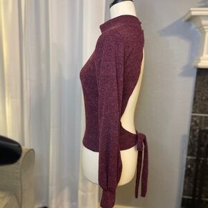 Made with Love long sleeve open back tie sweater with mock neck size medium